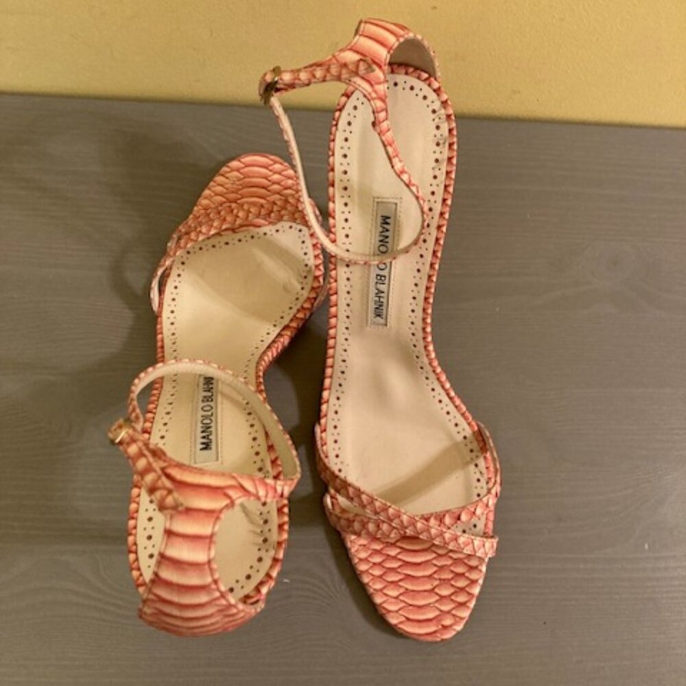 Manolo Blahnik Paloma pink snakeskin sandals, size 41